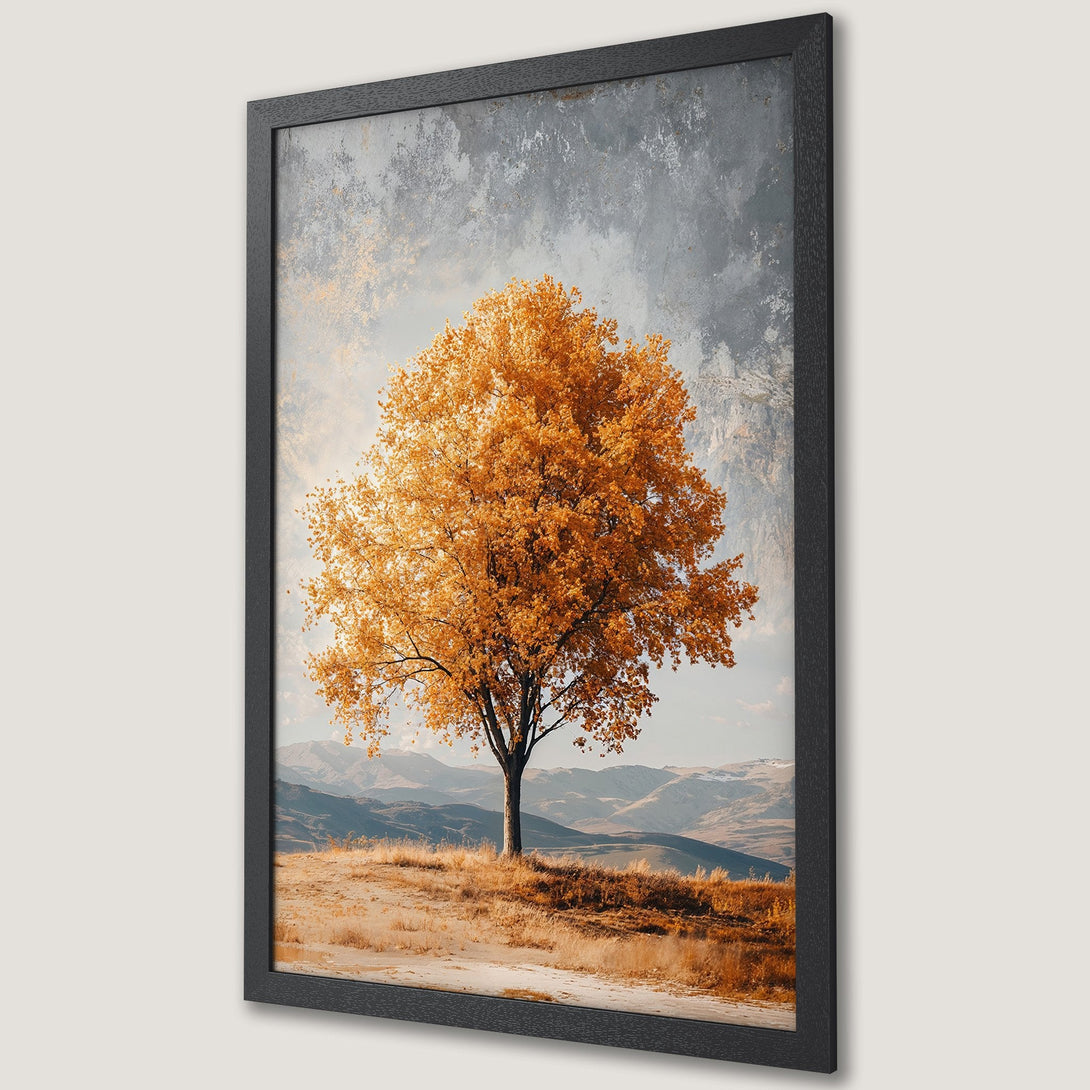 Framed Poster of a golden tree in a landscape. Warm, autumnal color palette. Perfect wall art for any space.