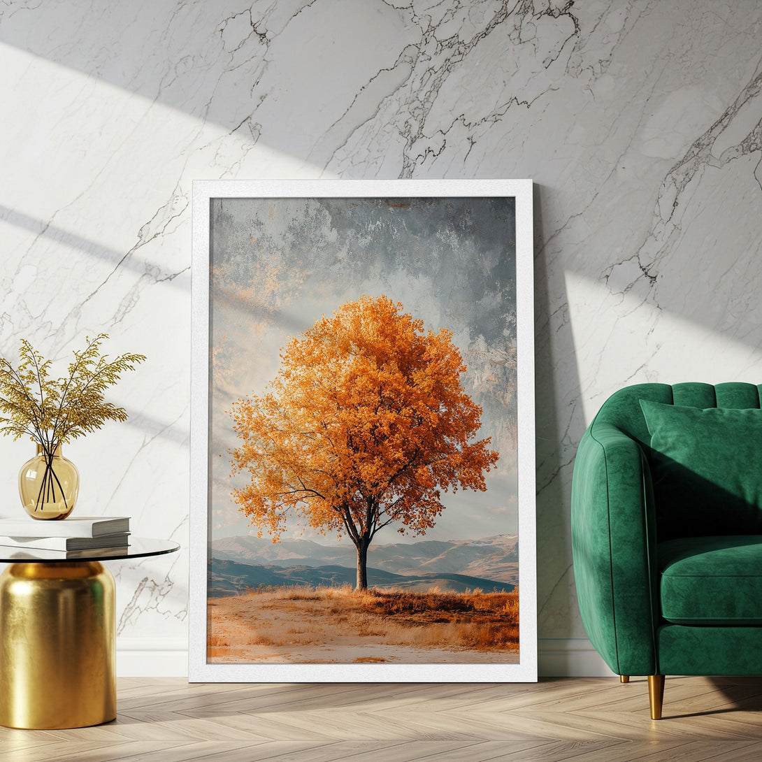 Framed Poster of autumn tree in warm orange tones. Landscape art print perfect for home decor.