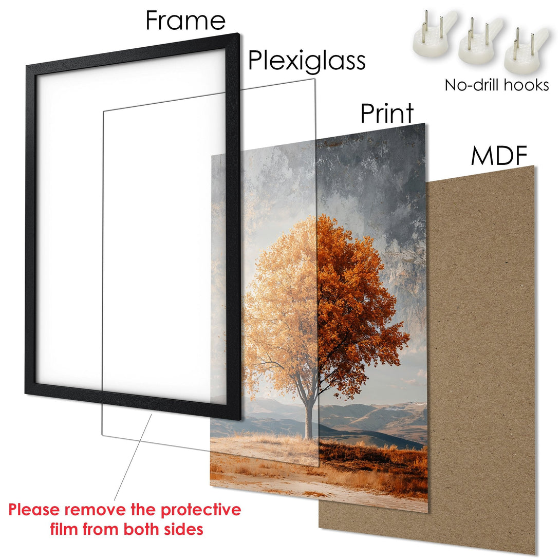 Framed Poster featuring a stunning autumn tree in warm tones. Perfect wall art for any space.