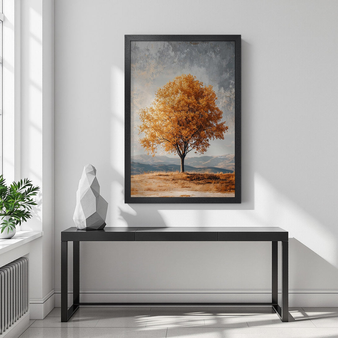 Framed Poster of a golden tree in a landscape. Earthy tones and a serene style perfect for home decor. Bring nature indoors!
