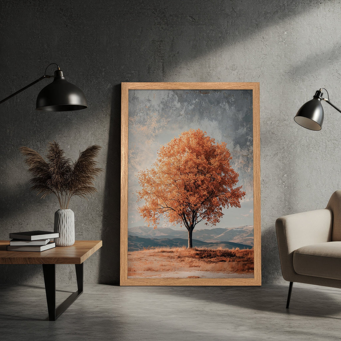 Framed Poster featuring a vibrant autumn tree landscape. Earthy tones and a serene style create a calming aesthetic. Perfect wall art!
