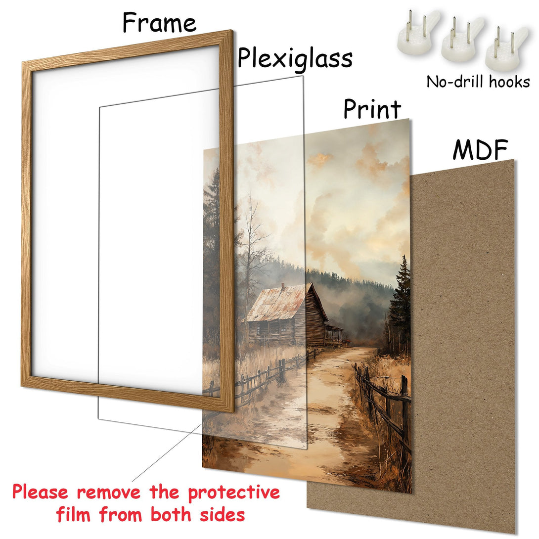 Framed Poster of a rustic cabin scene in warm, earthy tones. Perfect wall art for a cozy home.