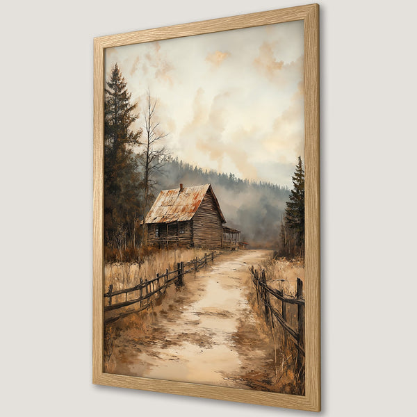Framed Poster of a rustic cabin in a serene landscape, painted in a warm, earthy color palette. Perfect for adding a cozy touch to your home!