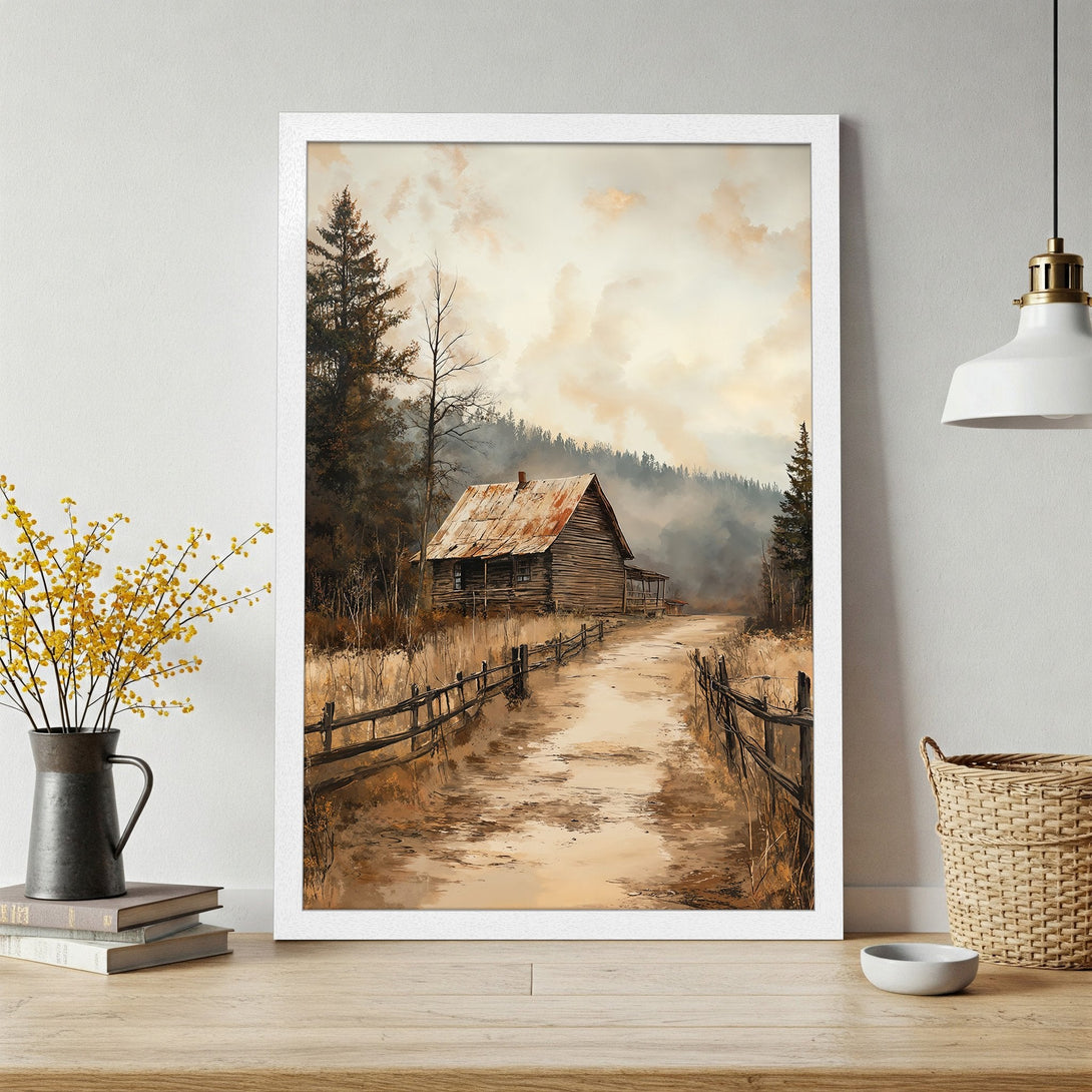Framed Poster featuring a rustic cabin scene in a warm, muted color palette. Perfect for adding a touch of nature to your decor.