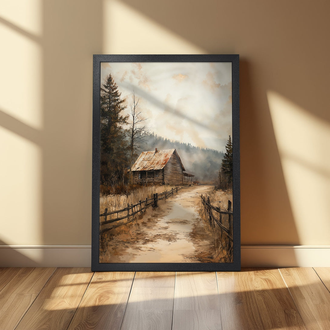 Framed Poster of a rustic cabin scene in a warm, earthy palette. Perfect for adding cozy charm to your home decor.