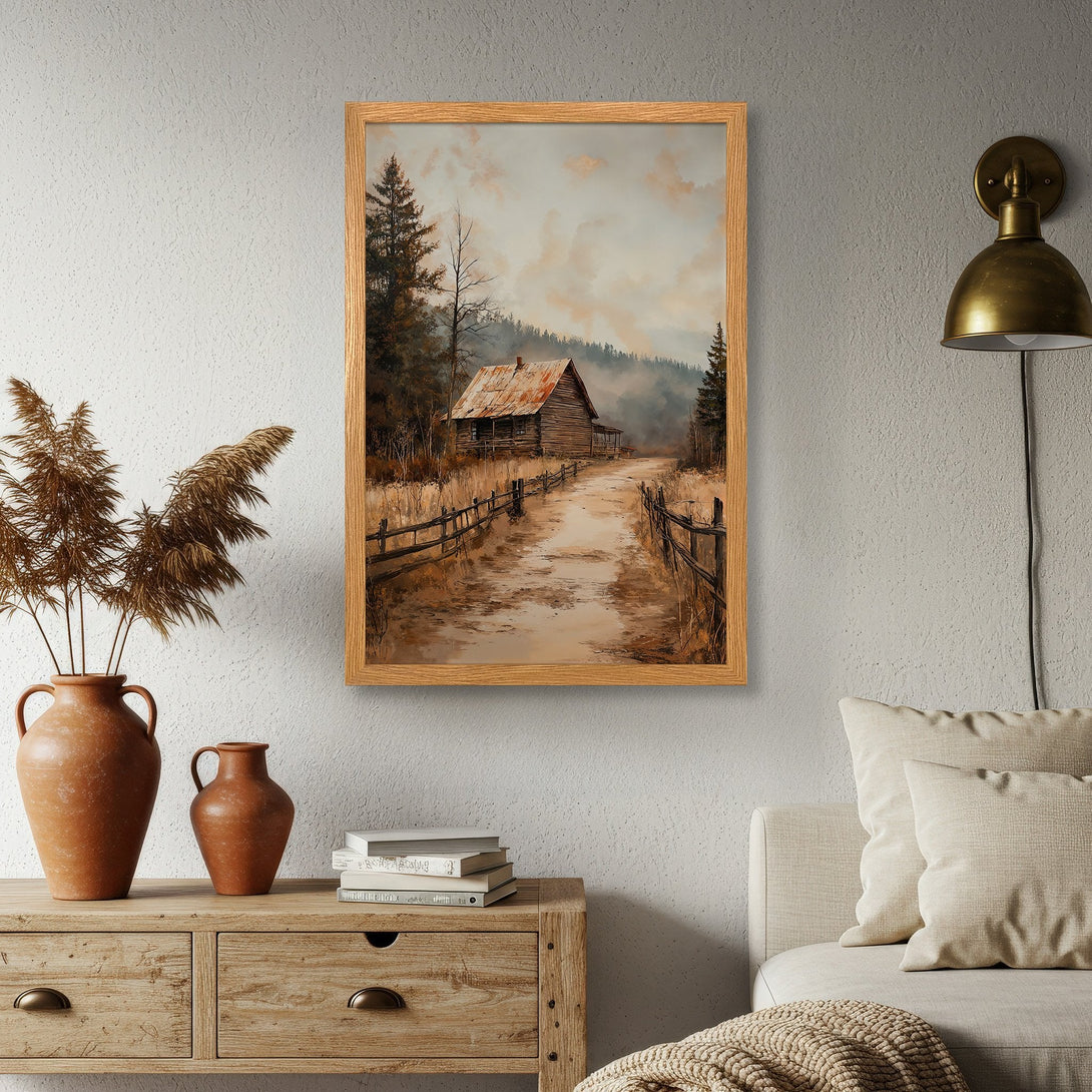 Framed Poster of a rustic cabin in a serene landscape. Earthy tones and a vintage style create a cozy, inviting atmosphere. Perfect wall art!