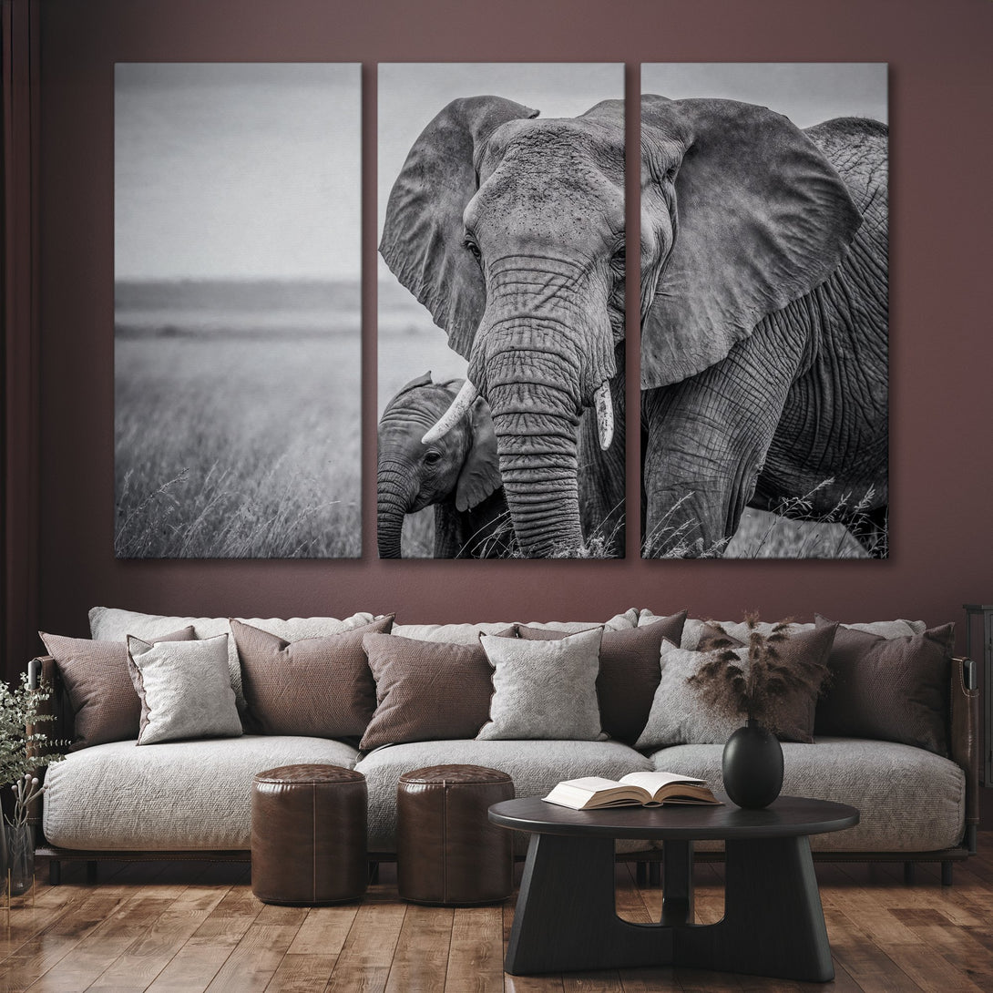Canvas Print: Majestic black and white elephant art. Modern wildlife decor with neutral color palette, perfect for any interior.