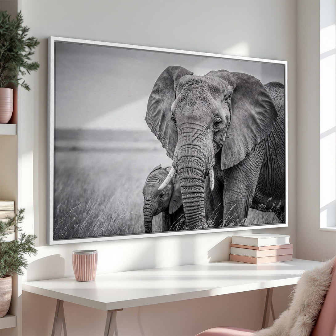 Framed Wall Art: Stunning black and white elephant portrait canvas print. Modern wildlife art for your home decor.