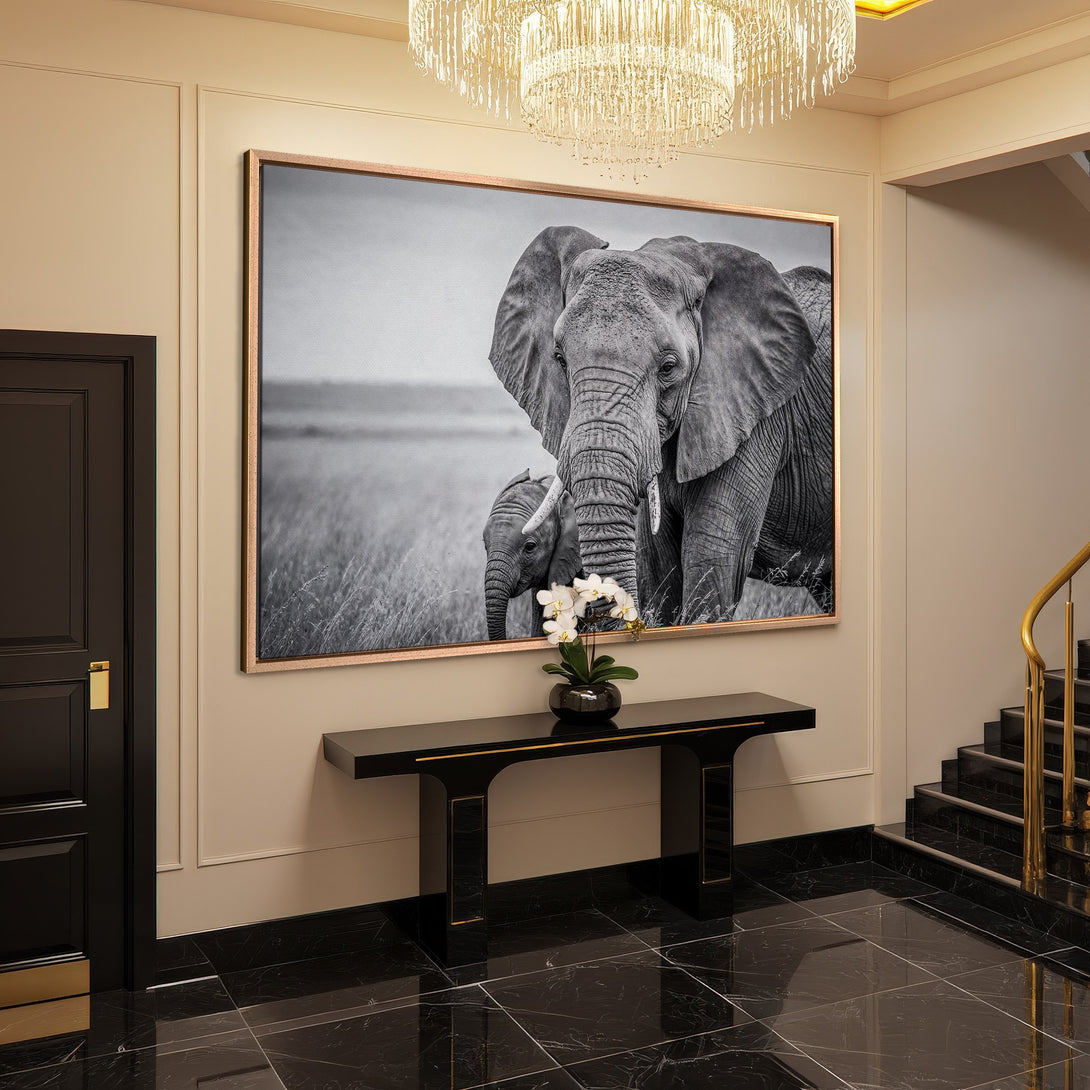 Framed Wall Art: Majestic elephant family in black and white. Elegant decor with a neutral color palette. Elevate your space with this stunning canvas print.