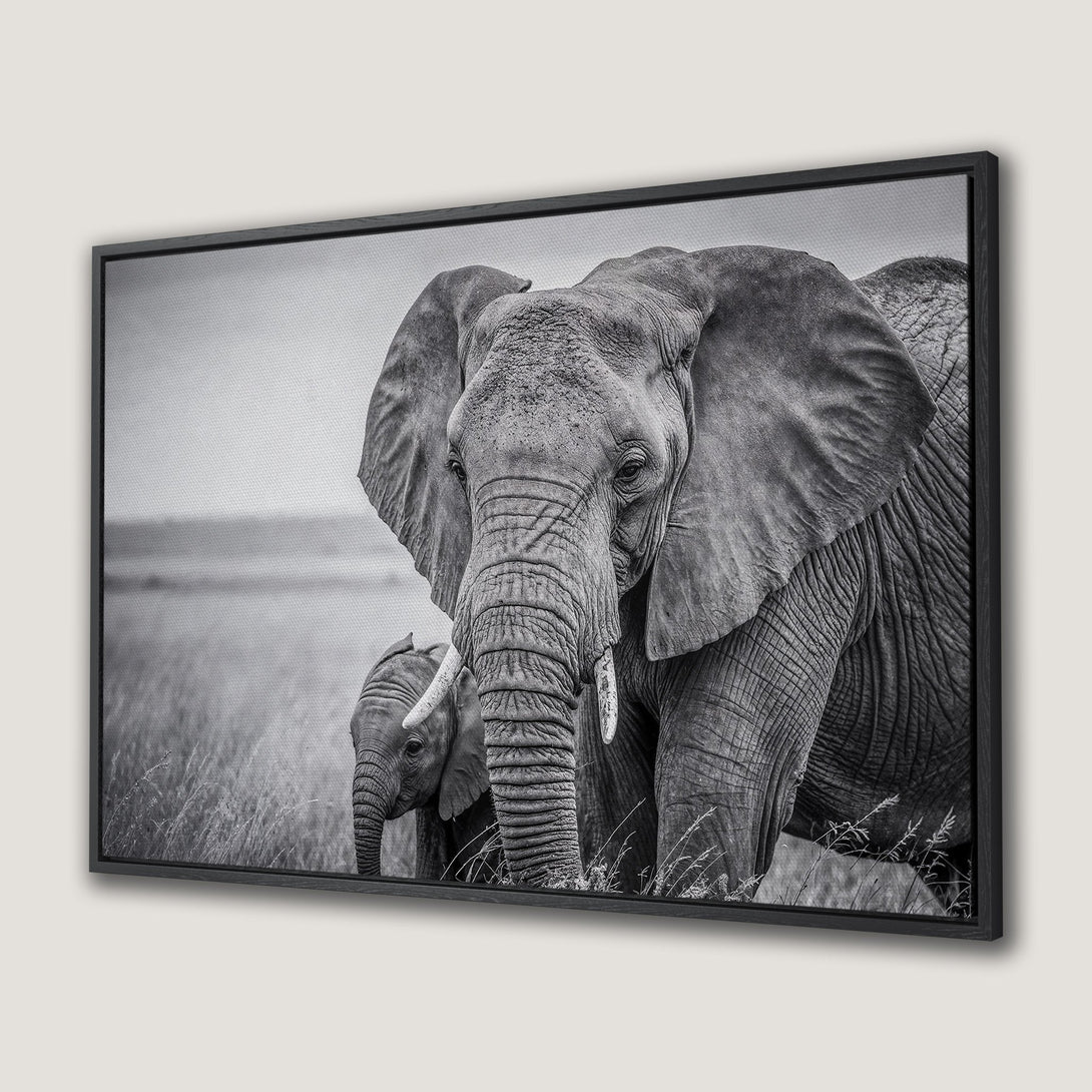 Framed Wall Art: Majestic black and white elephant family portrait. Stunning wildlife Canvas Print, perfect for modern home decor.