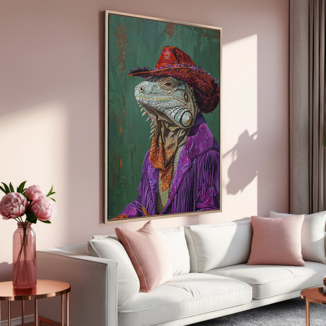 Framed Wall Art: Whimsical iguana portrait in a cowboy hat, vibrant colors. Adds a unique touch to any space. Perfect for eclectic decor.