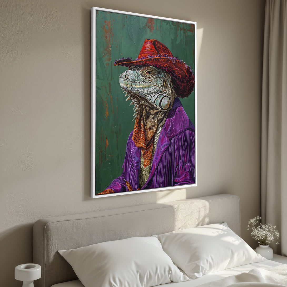 Framed Wall Art featuring a stylish iguana in a cowboy hat and purple jacket. Vibrant colors and unique art for your home decor.