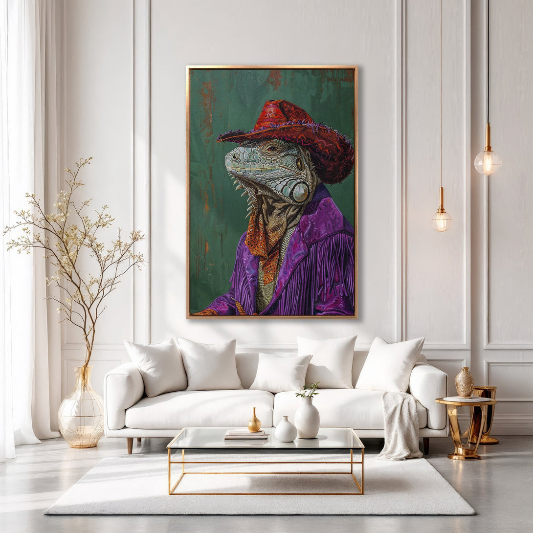 Framed Wall Art: Stylish iguana portrait in purple, red, and green. Unique artwork adds personality to any room. Shop now for modern home decor!