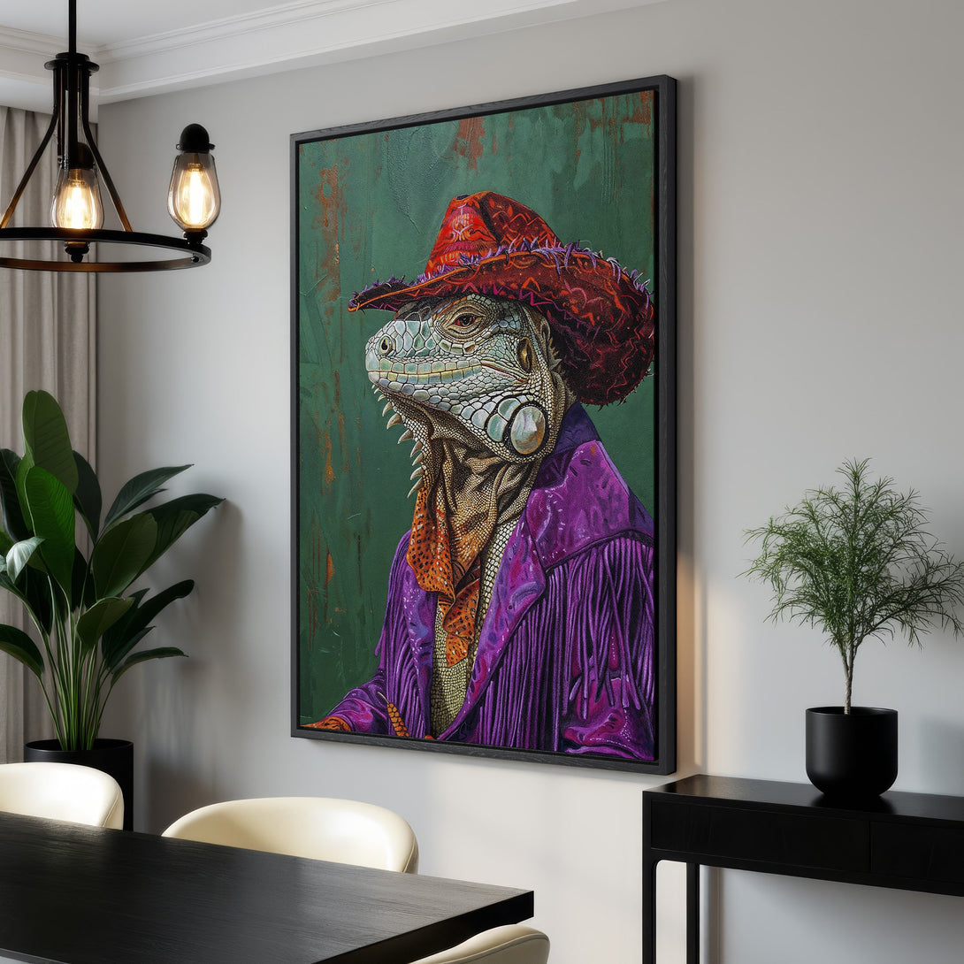 Framed Wall Art: Stylish iguana portrait in a vibrant color palette of green, purple, and red. Add unique art to your home decor!