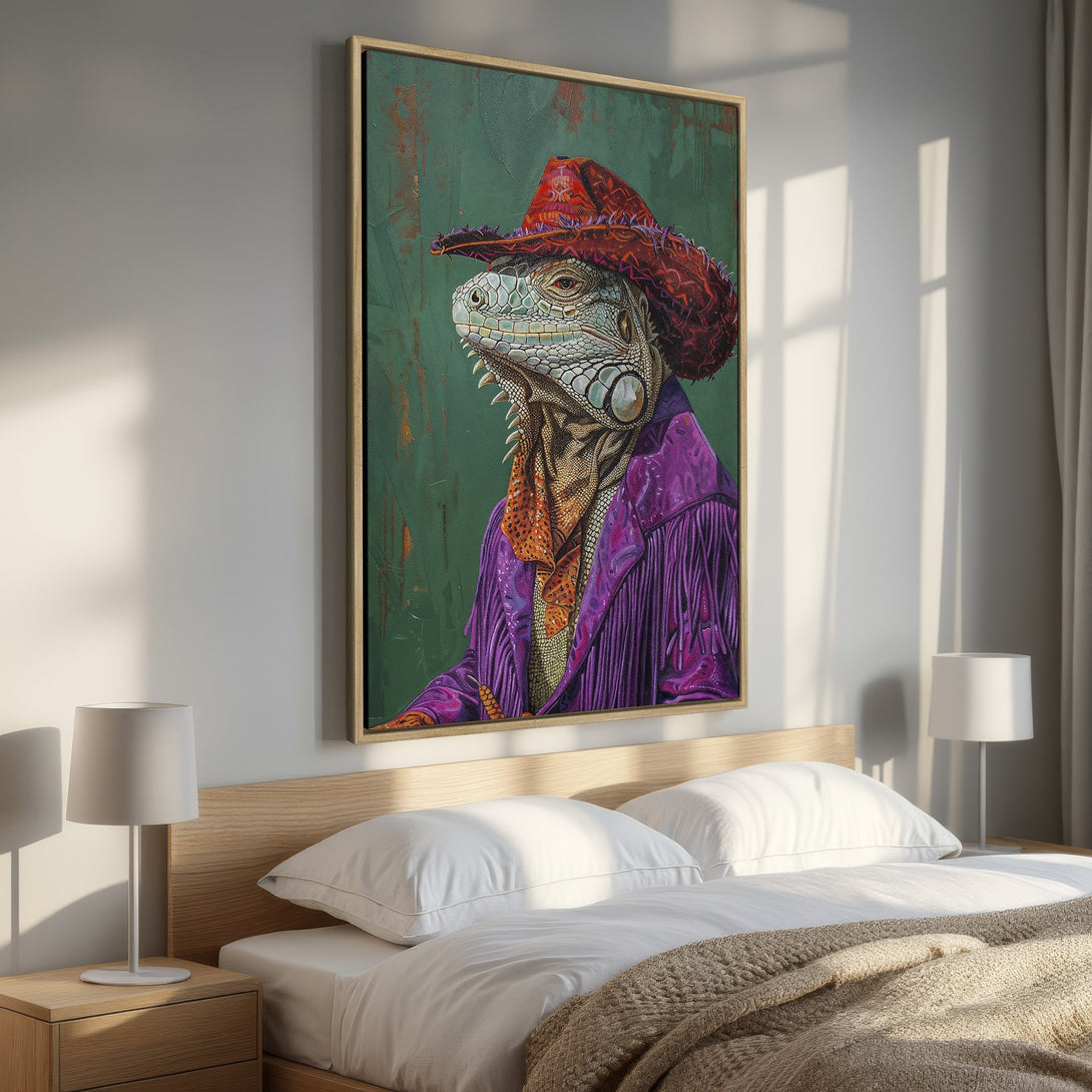 Framed Wall Art: Iguana in cowboy attire canvas print. Whimsical art with a vibrant green, purple, and red color palette, perfect for adding personality to your bedroom decor.
