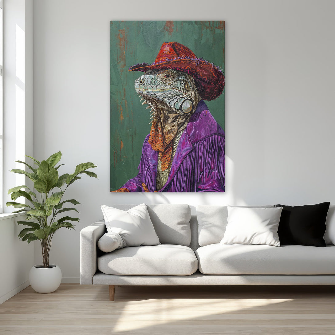 Framed Wall Art: Stylish iguana portrait in vibrant purple and red hues. Unique artwork to elevate your space. Shop now for statement wall decor!