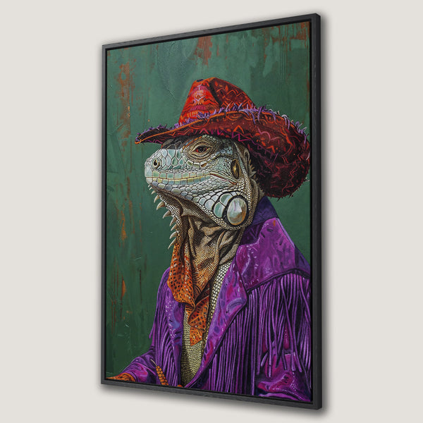 Framed Wall Art featuring a stylish iguana in a cowboy hat, vibrant purple and green color palette. Perfect for adding personality to your space!
