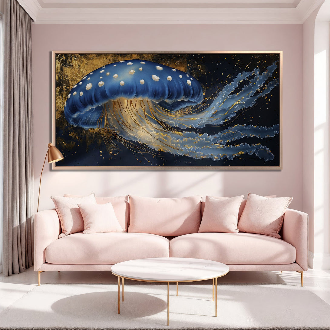 Framed Wall Art: Blue jellyfish abstract art with gold accents. Modern Canvas Print in a blush pink interior, perfect for adding elegance to your space.