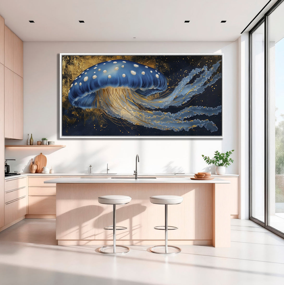 Framed Wall Art: Blue jellyfish art print in a modern kitchen. Abstract style with blue, gold, and black color palette. Elevate your home decor!