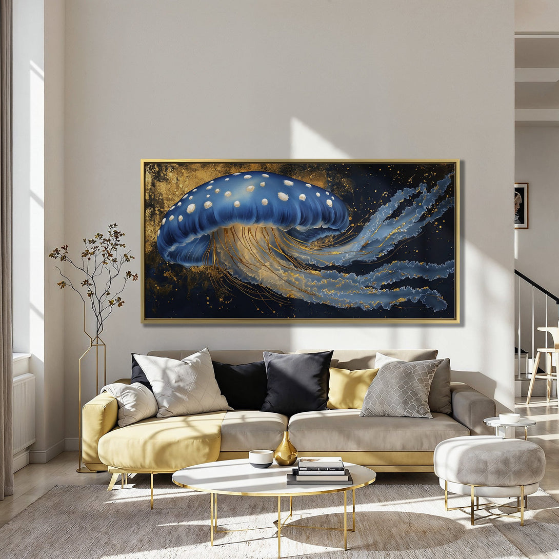 Canvas Print of a blue and gold jellyfish art piece, adding a touch of elegance to any space.