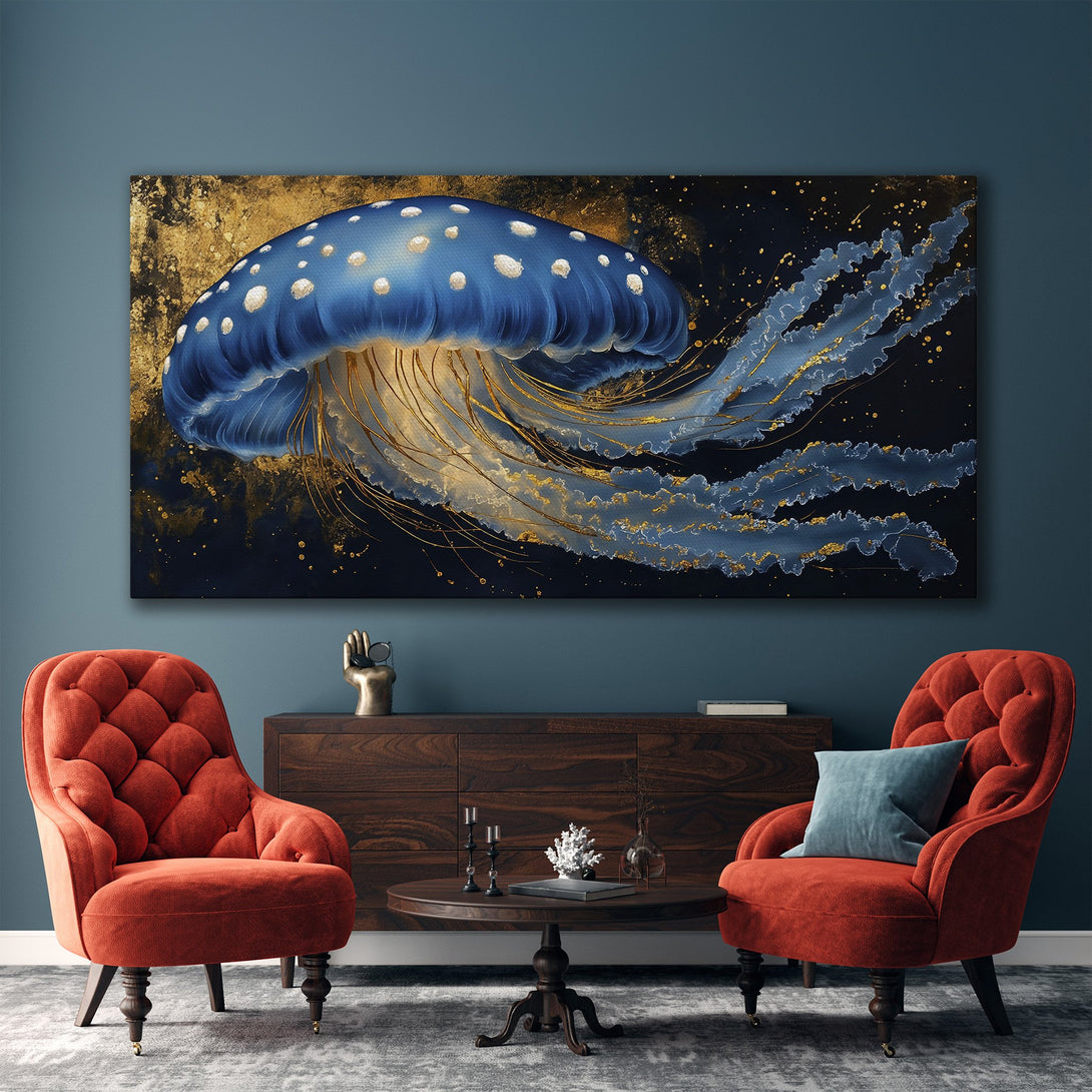 Framed Wall Art featuring a stunning blue jellyfish in an abstract style with gold accents. Adds a touch of elegance to any space.