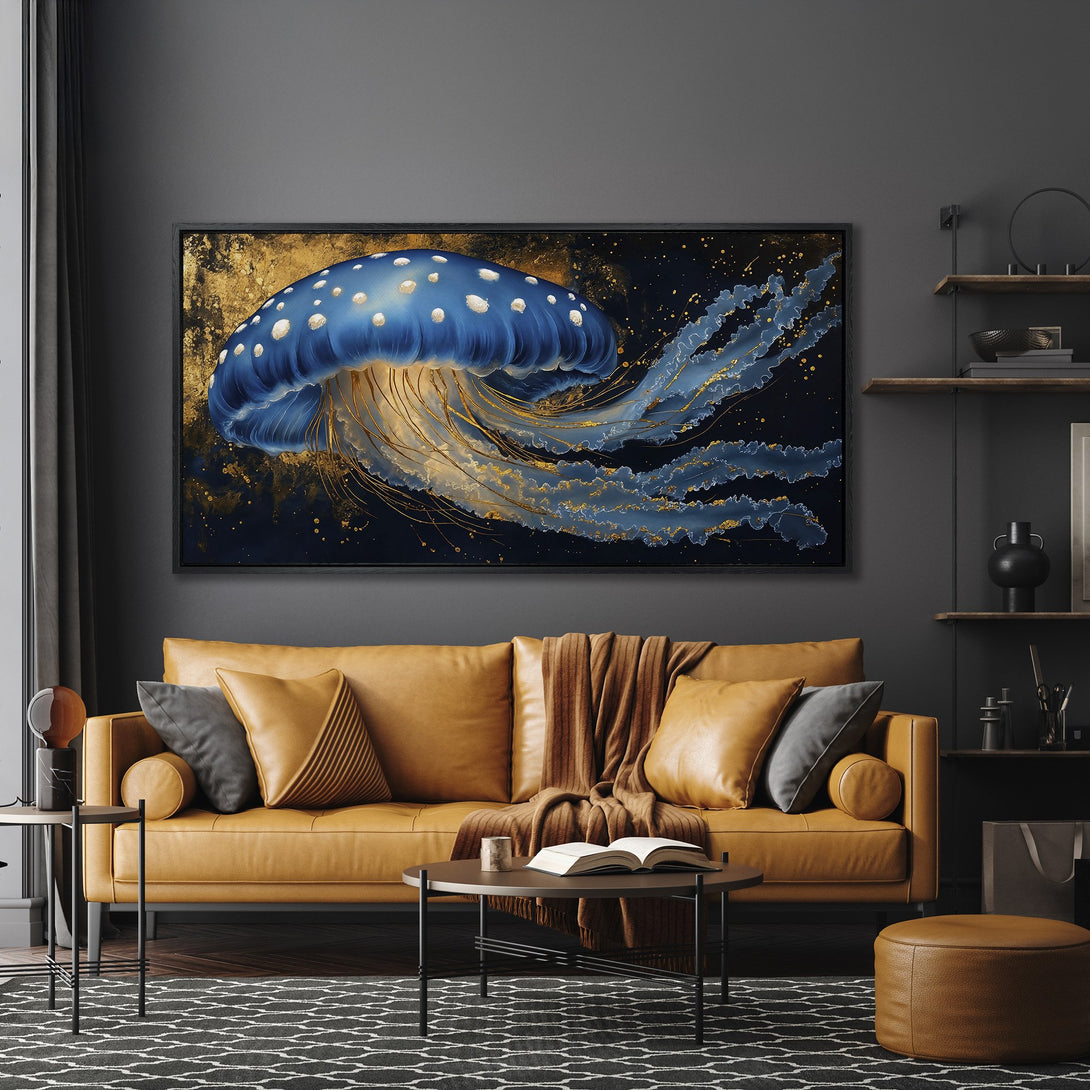 Framed Wall Art: Blue & gold jellyfish canvas print. Modern art in a stylish living room. Features a dark, moody color palette with gold accents.