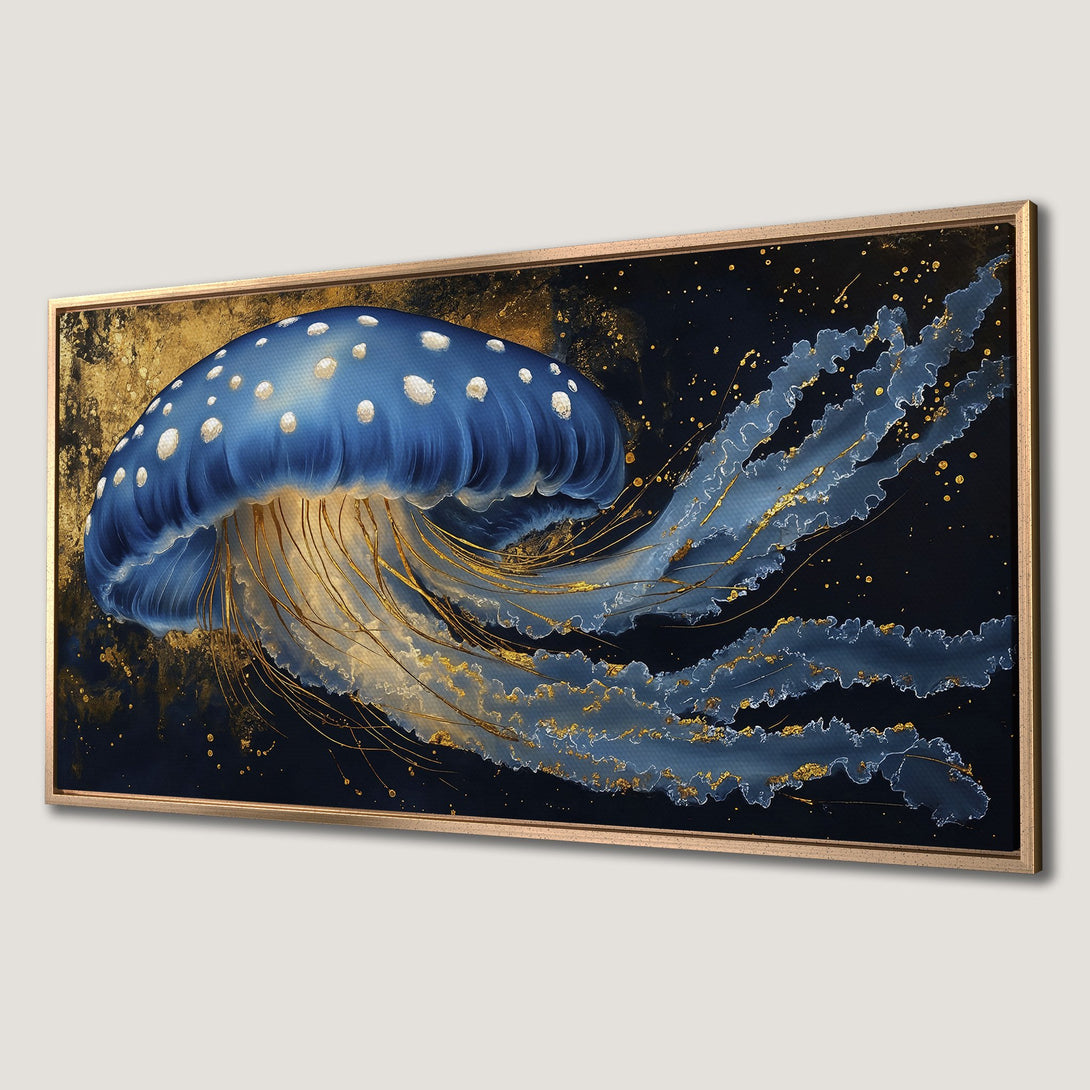 Framed Wall Art: Stunning blue jellyfish painting with gold accents. Perfect for adding a touch of elegance to your home decor. Abstract style, dark and moody palette.