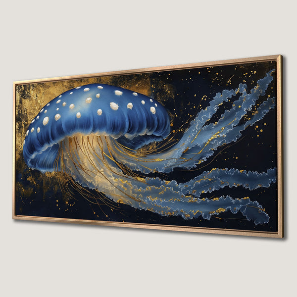 Framed Wall Art: Stunning blue jellyfish painting with gold accents. Perfect for adding a touch of elegance to your home decor. Abstract style, dark and moody palette.