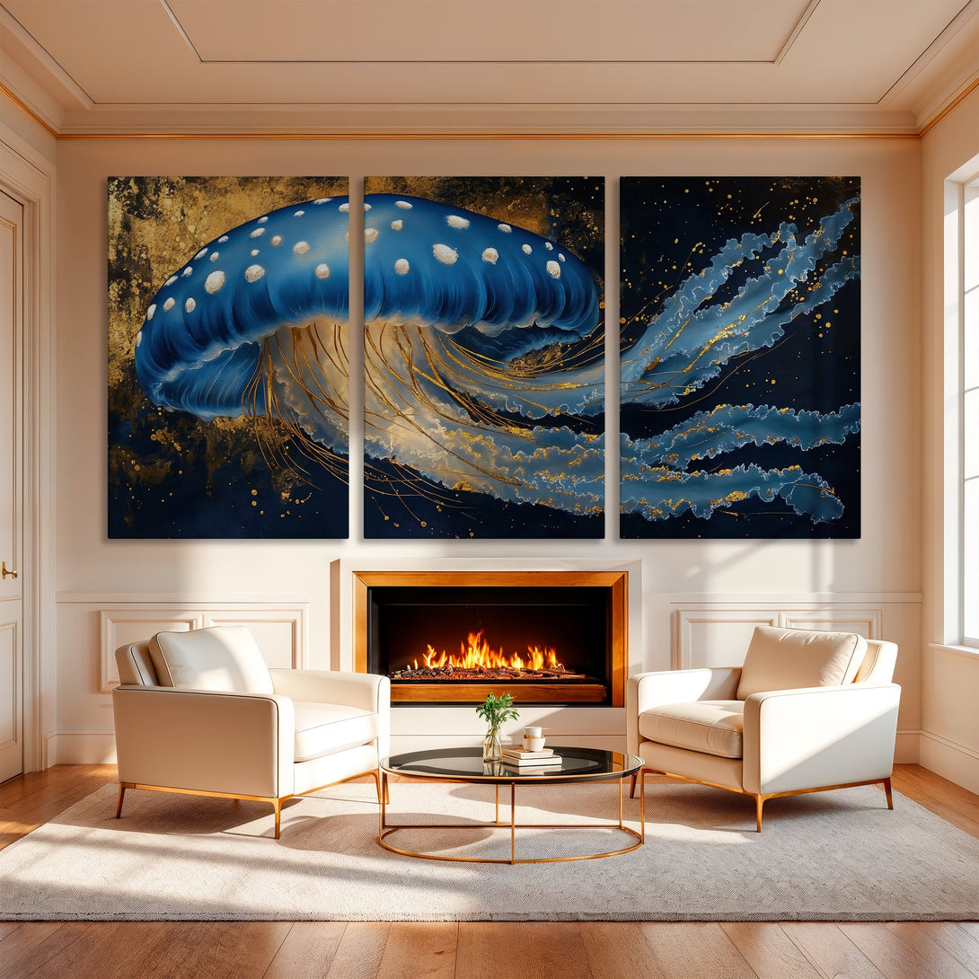 Canvas Print of a blue and gold jellyfish art piece. Abstract style with dark blue and gold color palette. Perfect for modern home decor.