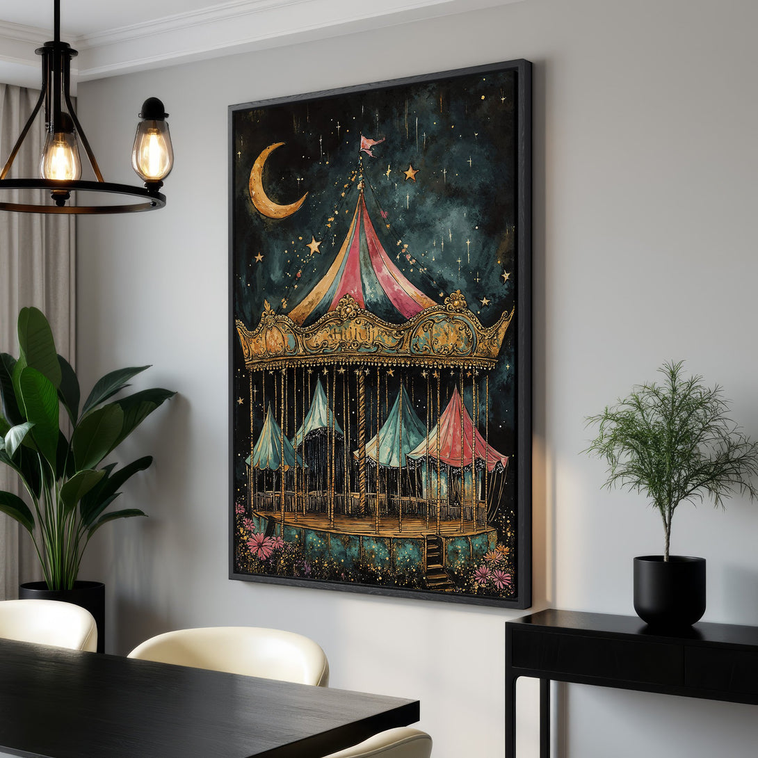 Framed Wall Art featuring a whimsical carousel scene with a dark, dreamy night sky. The color palette includes rich blues, golds, and pinks, perfect for adding a touch of magic to any room.