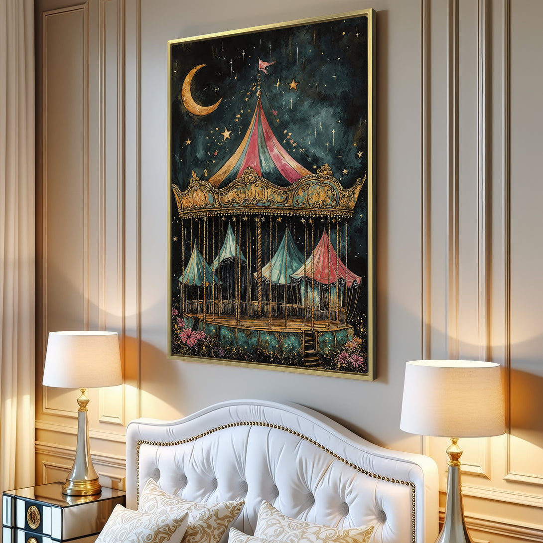 Canvas Print of a whimsical carousel scene in a dreamy, watercolor style with a teal, gold, and pink color palette. Perfect wall art!