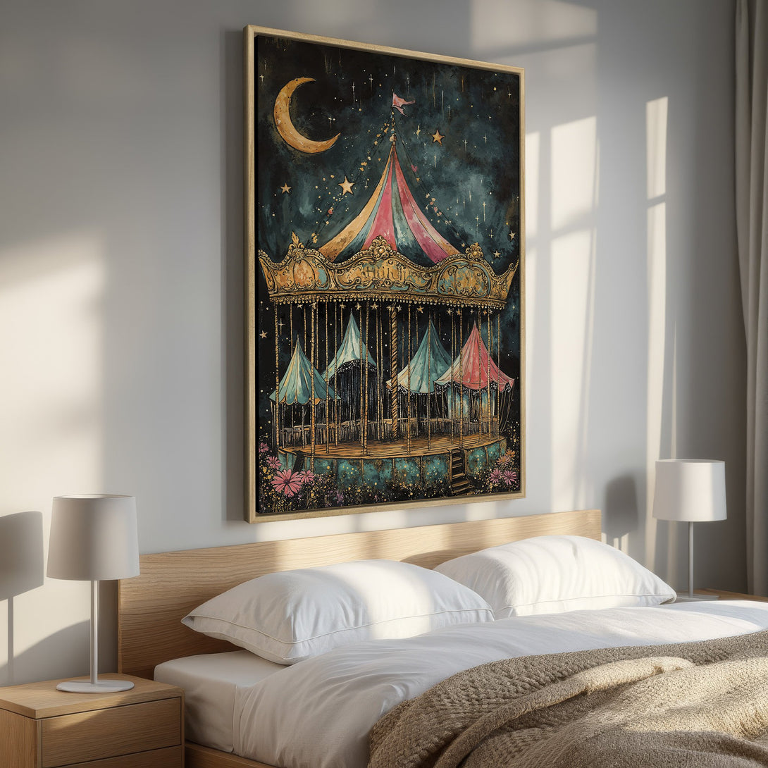 Framed Wall Art featuring a whimsical carousel under a starry night sky. Watercolor style with a dreamy teal, pink, and gold color palette. Elevate your space!