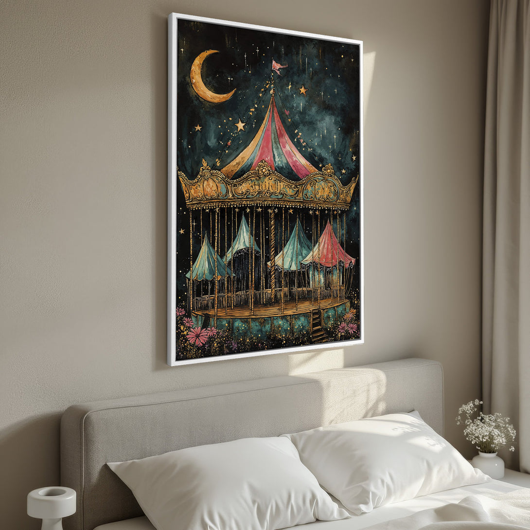 Framed Wall Art: Whimsical carousel painting in dreamy watercolor style. Features a dark teal and gold color palette with pops of pink & blue. Perfect bedroom decor.