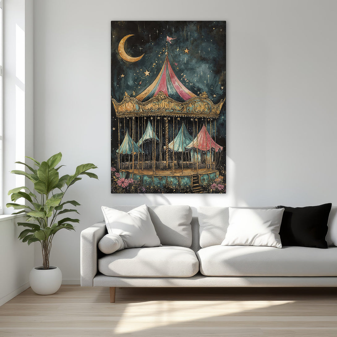 Framed Wall Art featuring a whimsical carousel under a starry night sky. Watercolor style with teal, pink, and gold accents. Perfect for adding a touch of magic!
