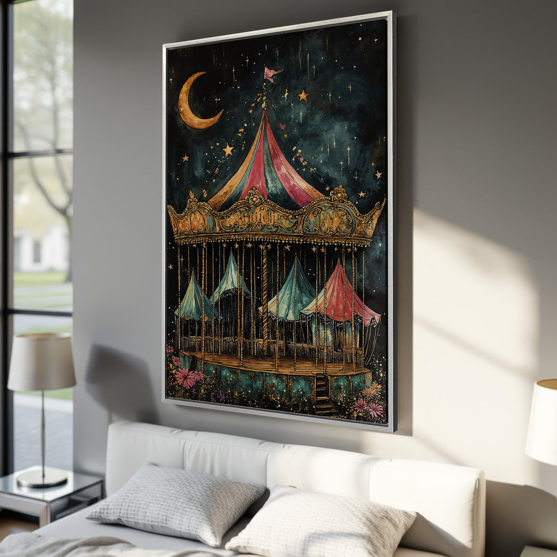 Framed Wall Art featuring a whimsical carousel under a starry night sky. Watercolor style with a rich, dark teal and gold color palette. Perfect for adding a touch of magic.