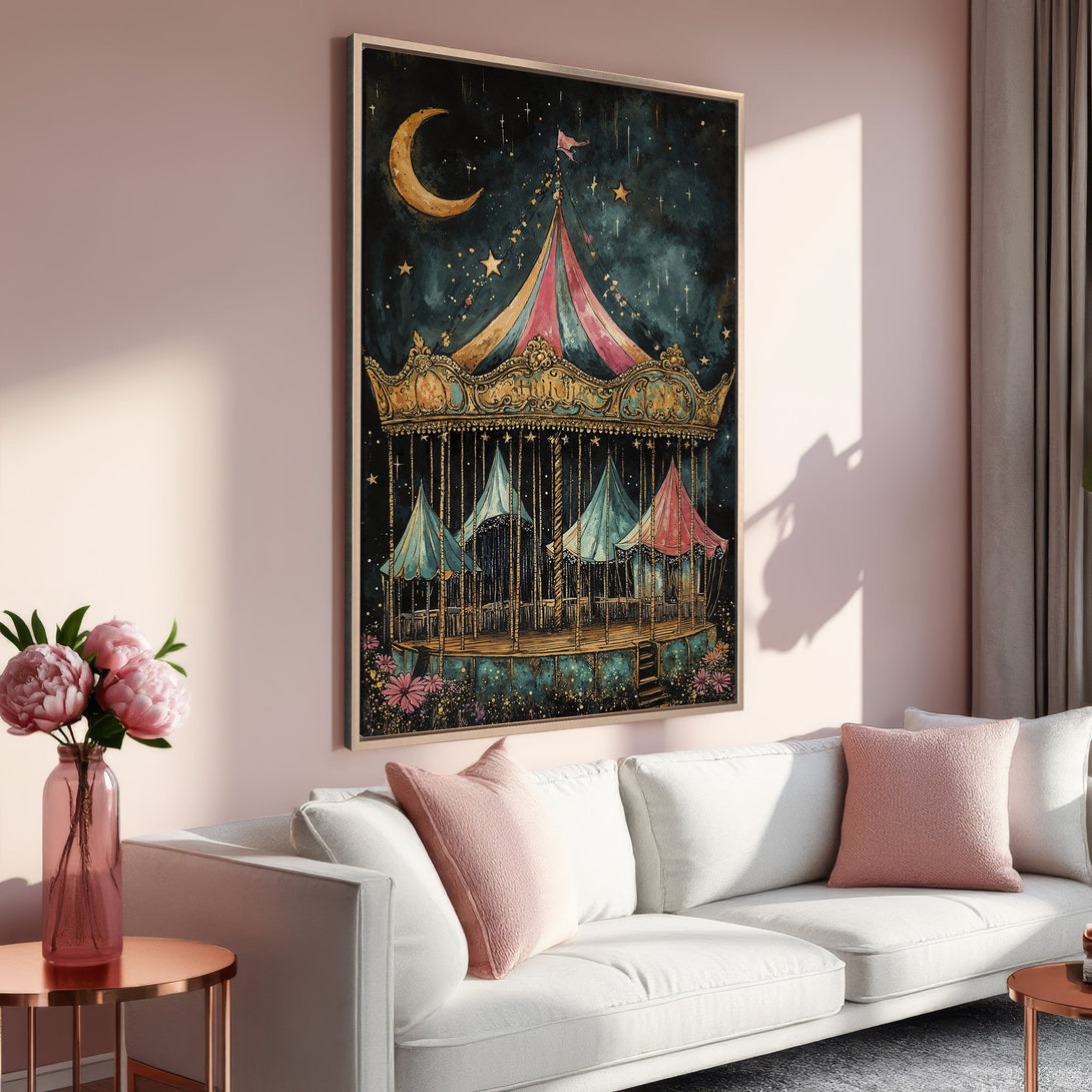 Framed Wall Art featuring a whimsical carousel under a starry night sky, in a vintage style with a teal, pink, and gold color palette. Perfect for adding charm!