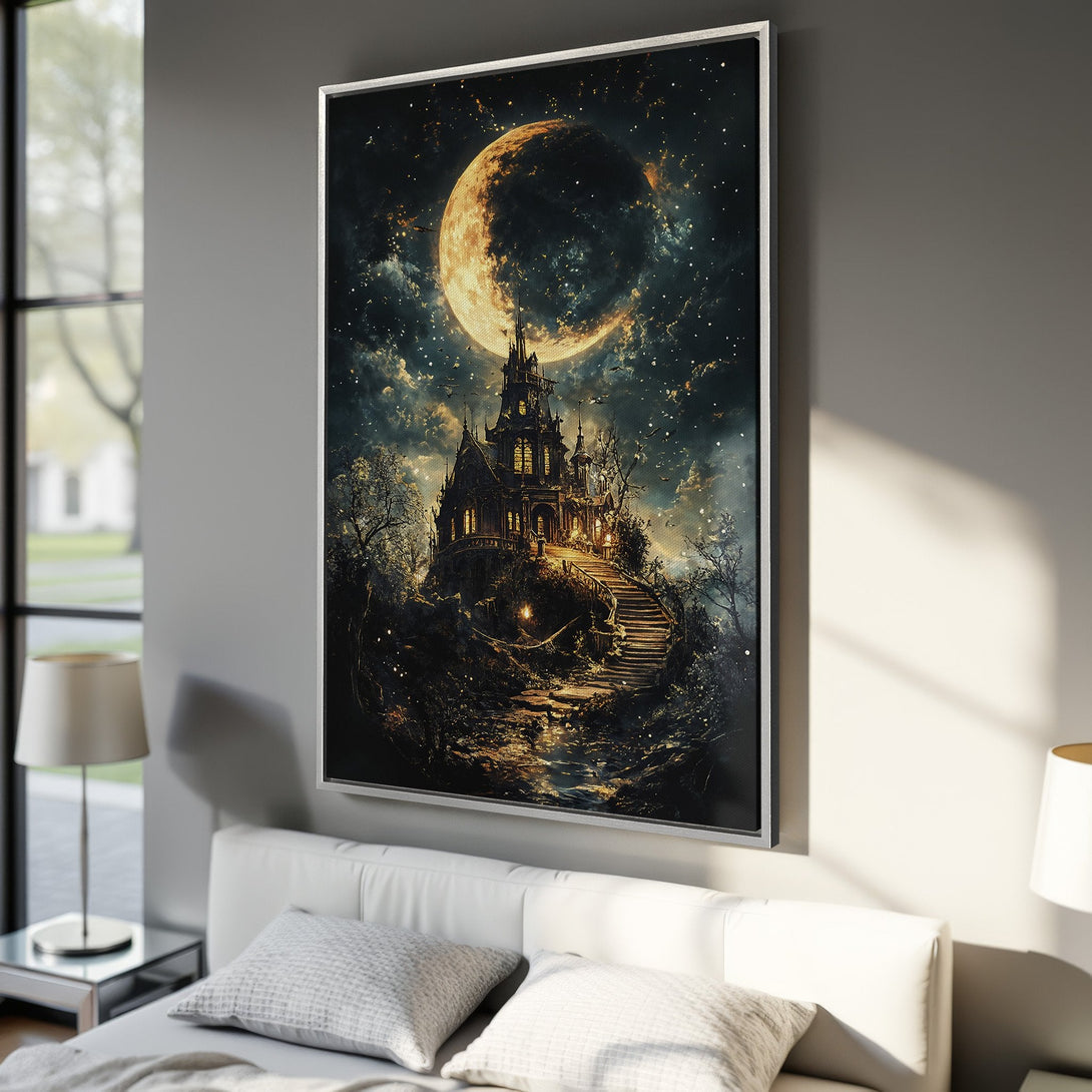 Framed Wall Art: Spooky castle under a glowing moon. Dark, fantasy art in warm gold and deep blue tones. Perfect for adding a touch of mystery to your space.