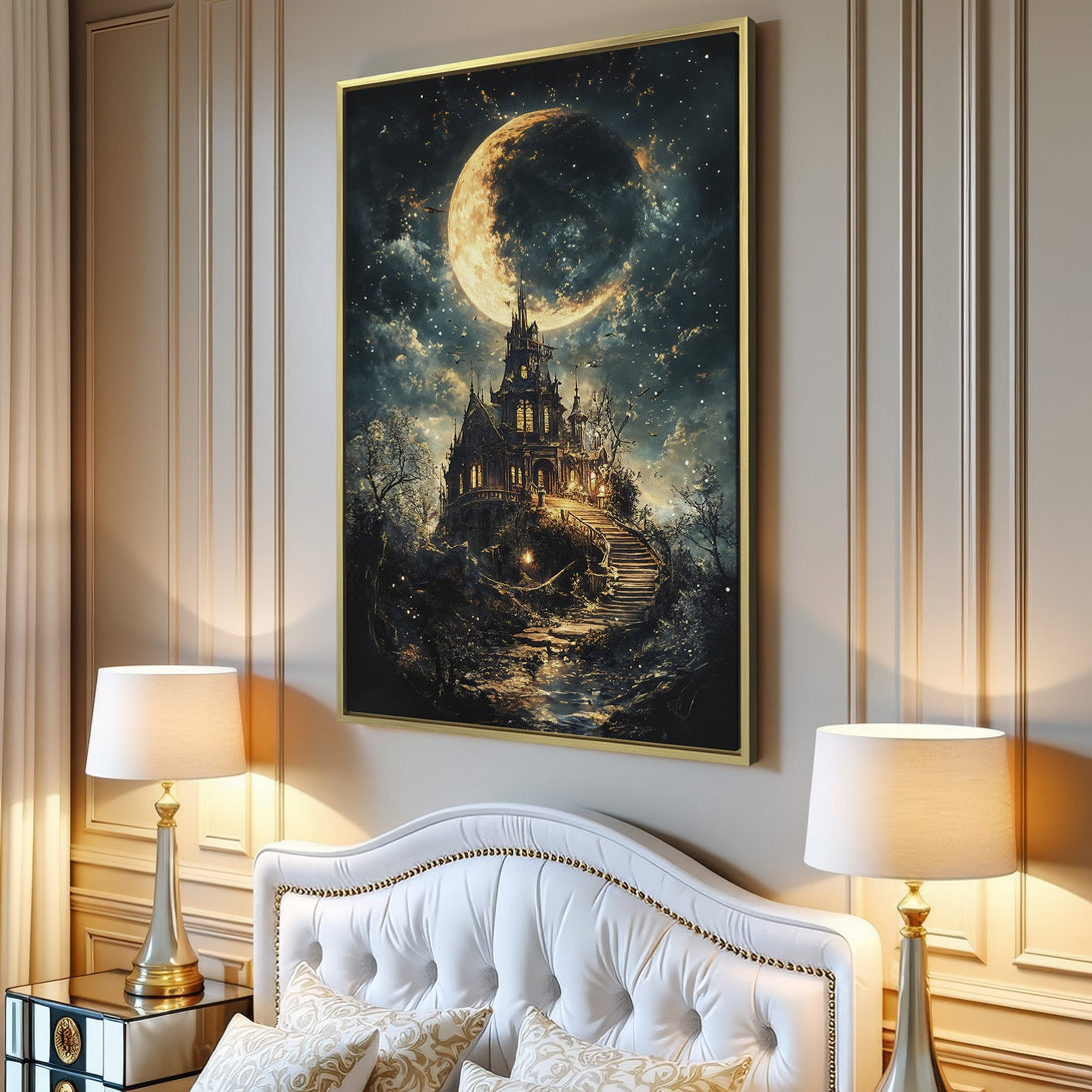Canvas Print of a gothic castle under a full moon, dark and moody fantasy art. Dramatic color palette of blues, golds, and blacks.