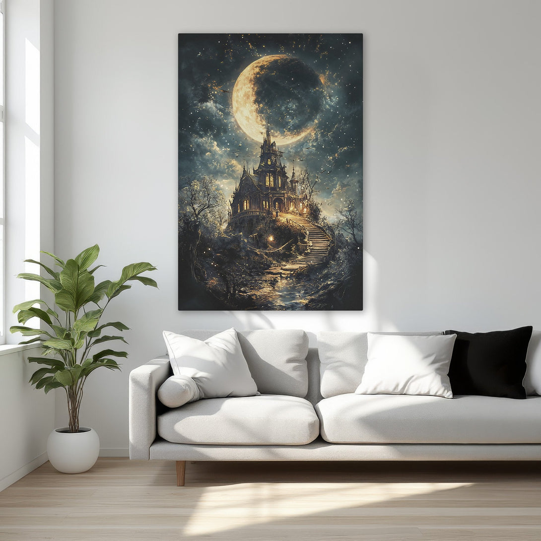 Framed Wall Art: Gothic castle under a crescent moon. Dark, dramatic artwork with a moody, celestial color palette. Perfect for adding a touch of mystery.