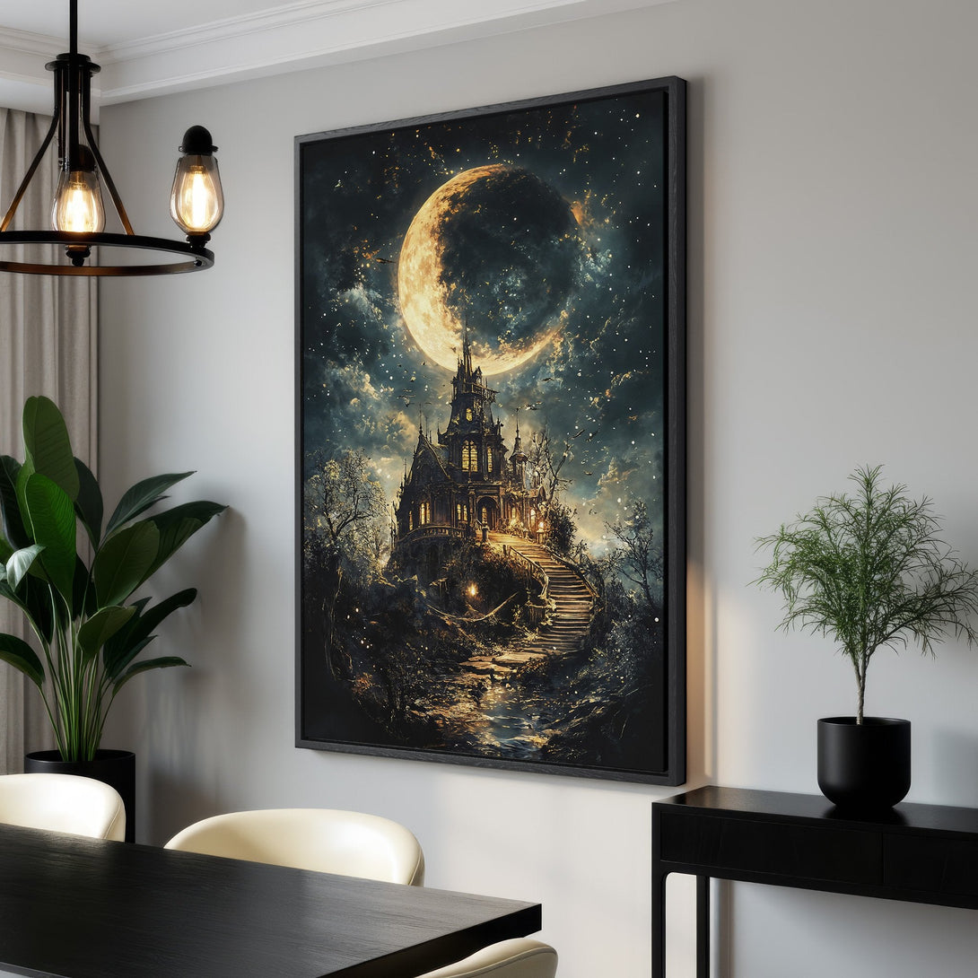 Framed Wall Art featuring a gothic castle under a moonlit sky. Dark, moody color palette adds a touch of mystery to any space. Shop now!
