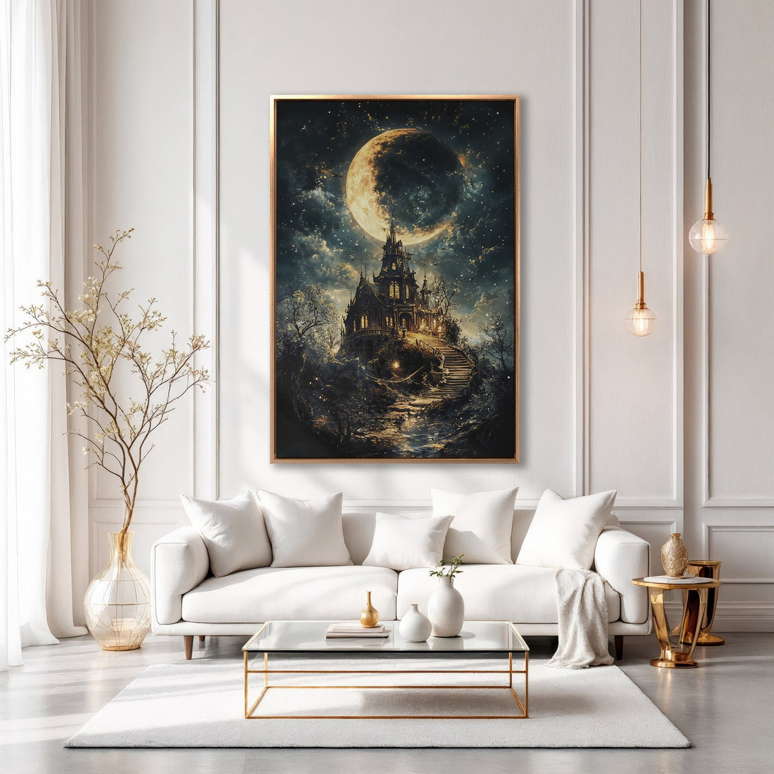 Framed Wall Art: Spooky castle under a giant moon. Dark, dramatic artwork in a gold frame, perfect for adding a touch of mystery to your home decor.