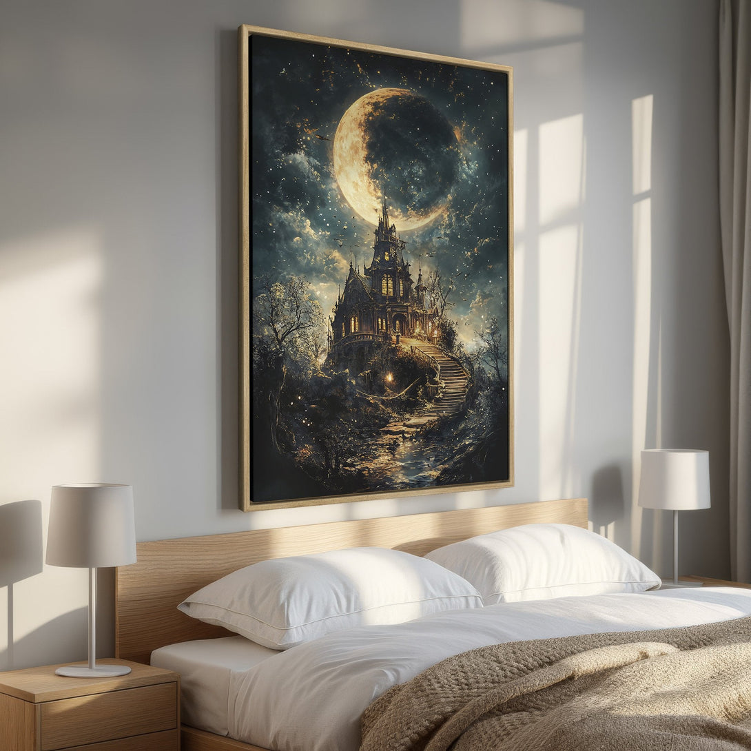 Framed Wall Art featuring a spooky castle under a moonlit sky. Dark, atmospheric artwork with a dramatic color palette. Perfect for adding a touch of mystery.