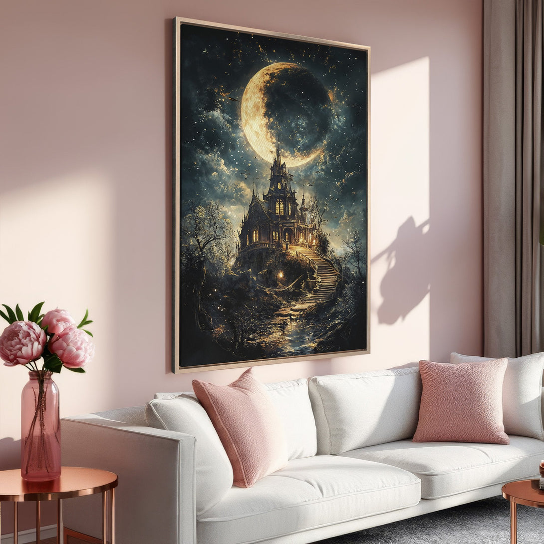 Framed Wall Art: Fantasy castle scene with a moonlit sky. Dark, moody artwork with a gold frame, displayed in a pink-toned interior. Perfect for adding a touch of mystery.
