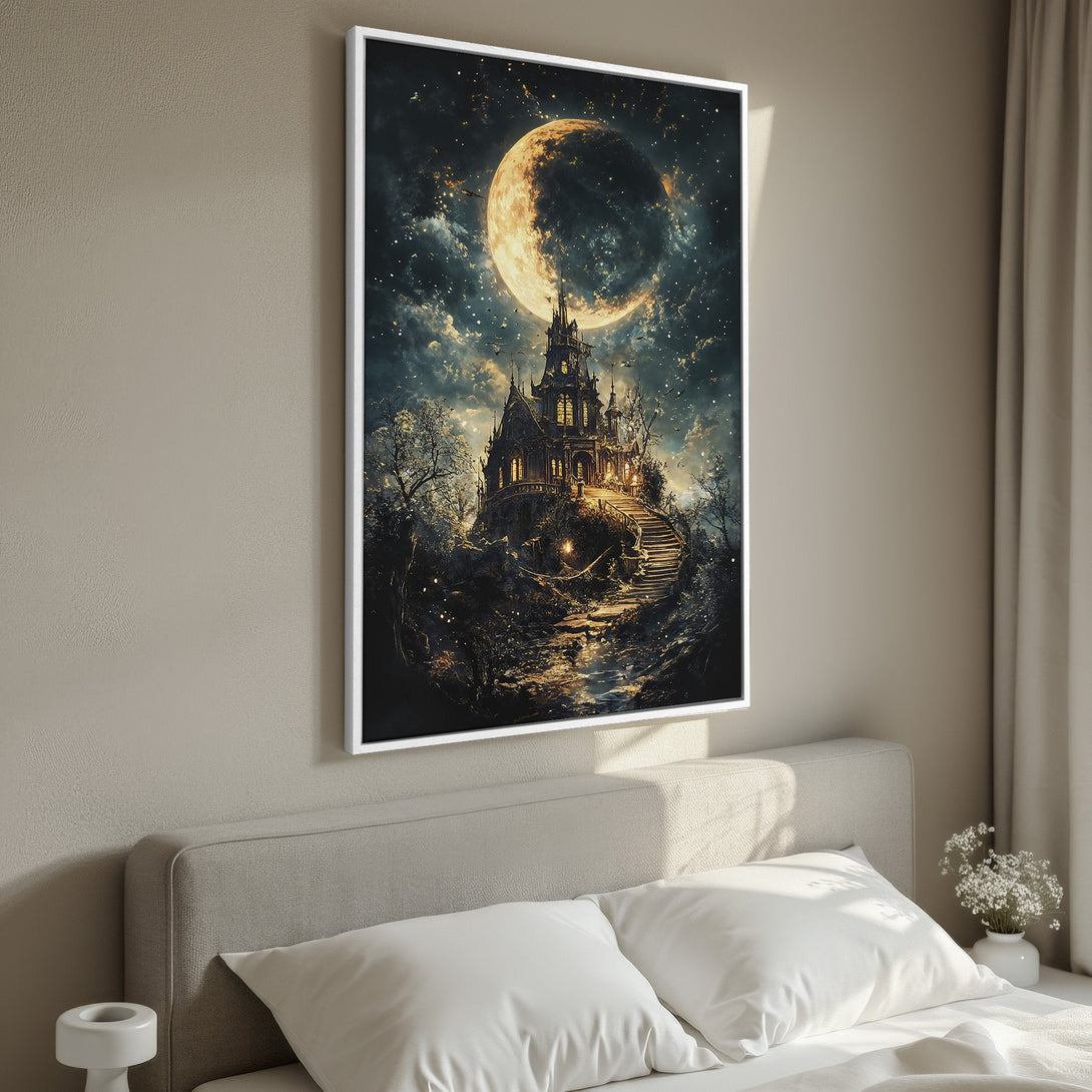 Framed Wall Art: Spooky castle under a giant moon. Dark, moody fantasy art with gold and blue hues. Perfect for adding a unique touch to your space.