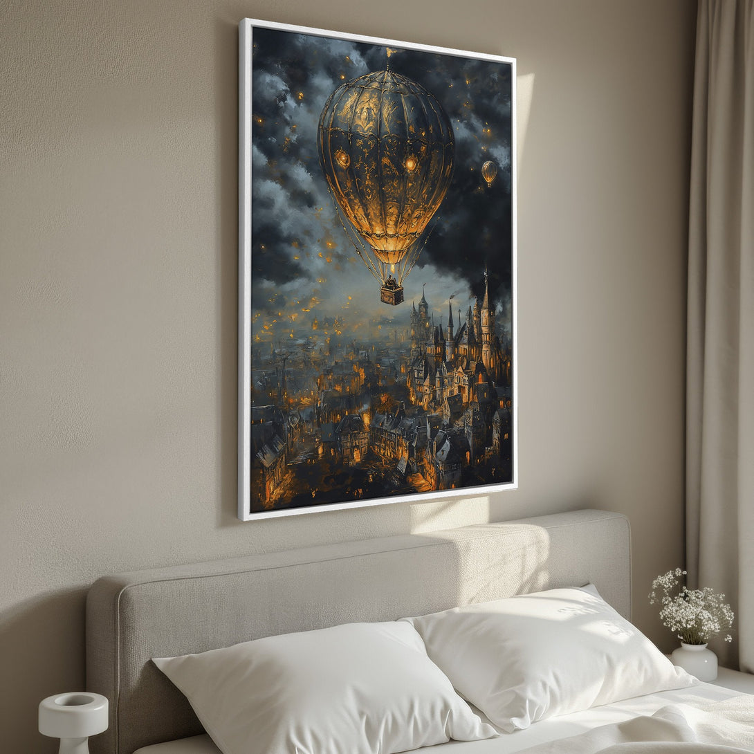 Framed Wall Art: Steampunk hot air balloon over a city, dark and moody style with gold and black color palette. Perfect for bedroom decor.