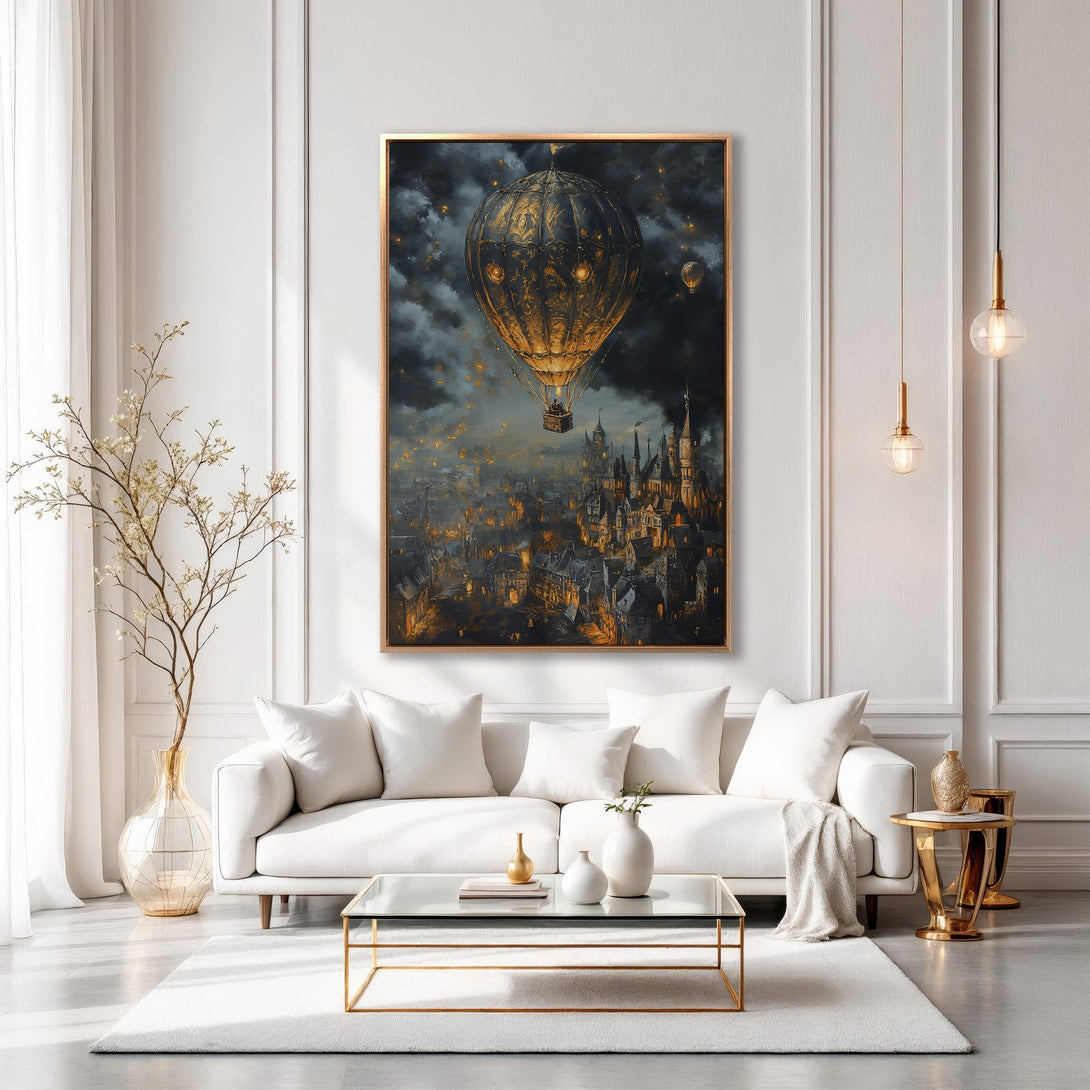 Framed Wall Art: Steampunk airship over a city in a dark, dramatic style, with gold and navy color palette, perfect for modern home decor.