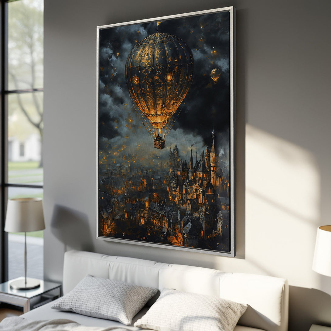 Framed Wall Art: Fantasy cityscape Canvas Print with hot air balloon, dark, warm color palette, perfect for bedroom decor.