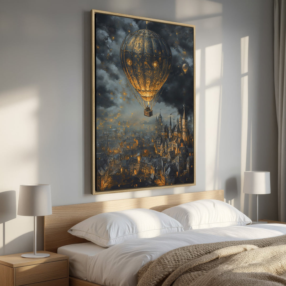 Framed Wall Art: Steampunk hot air balloon over a city, dramatic dark color palette with gold accents. Perfect bedroom decor.