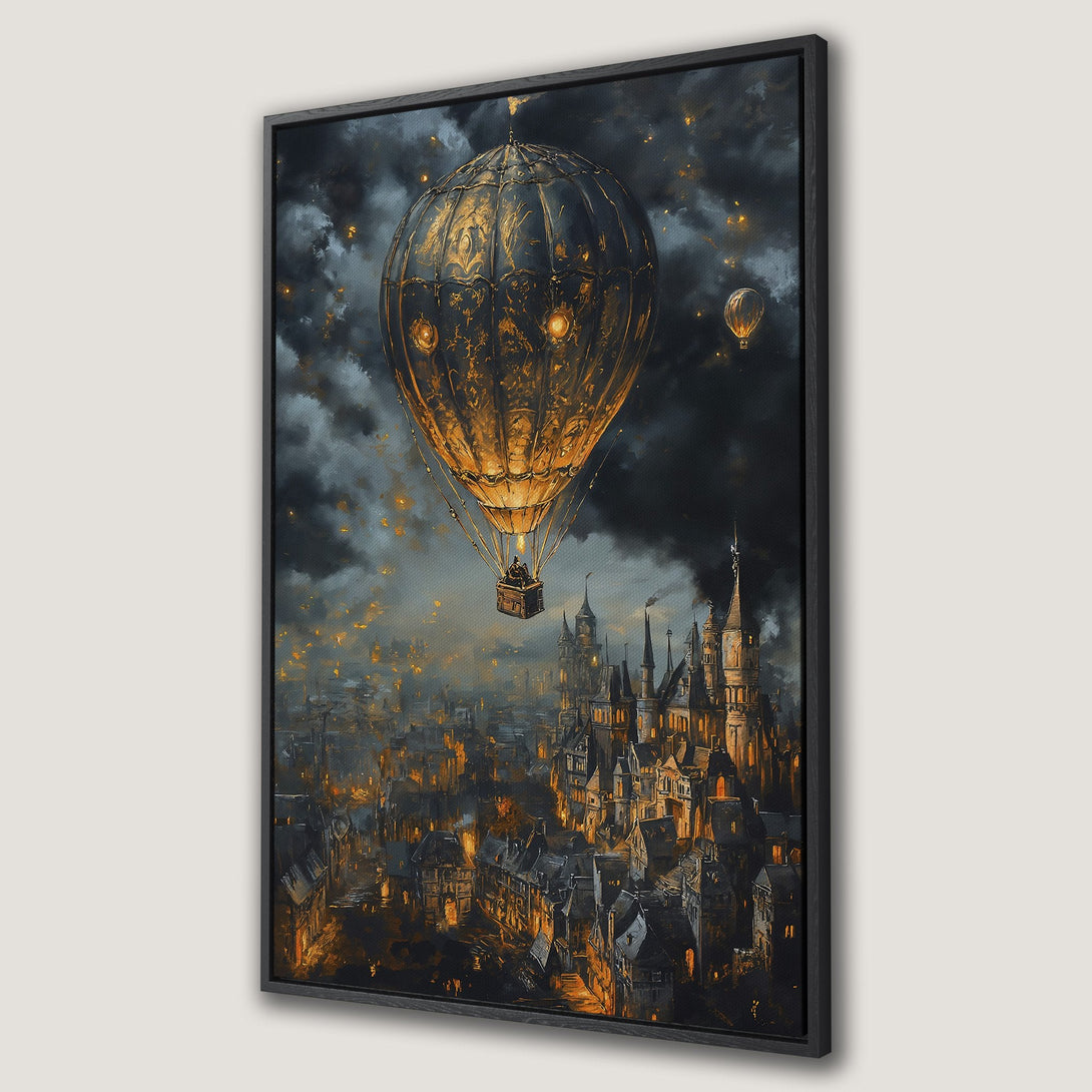 Framed Wall Art: Steampunk hot air balloon over a gothic city. Dark, moody color palette with gold and orange accents. Perfect for adding a touch of fantasy.