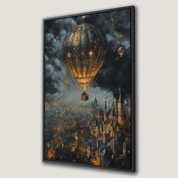 Framed Wall Art: Steampunk hot air balloon over a gothic city. Dark, moody color palette with gold and orange accents. Perfect for adding a touch of fantasy.